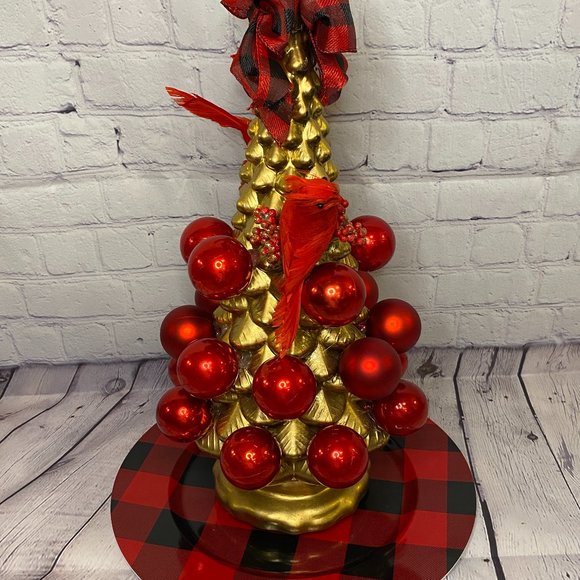 Christmas Gold Cardinal Bird Tree Center Piece Decor RED BUFFALO PLAID - Picture 6 of 6